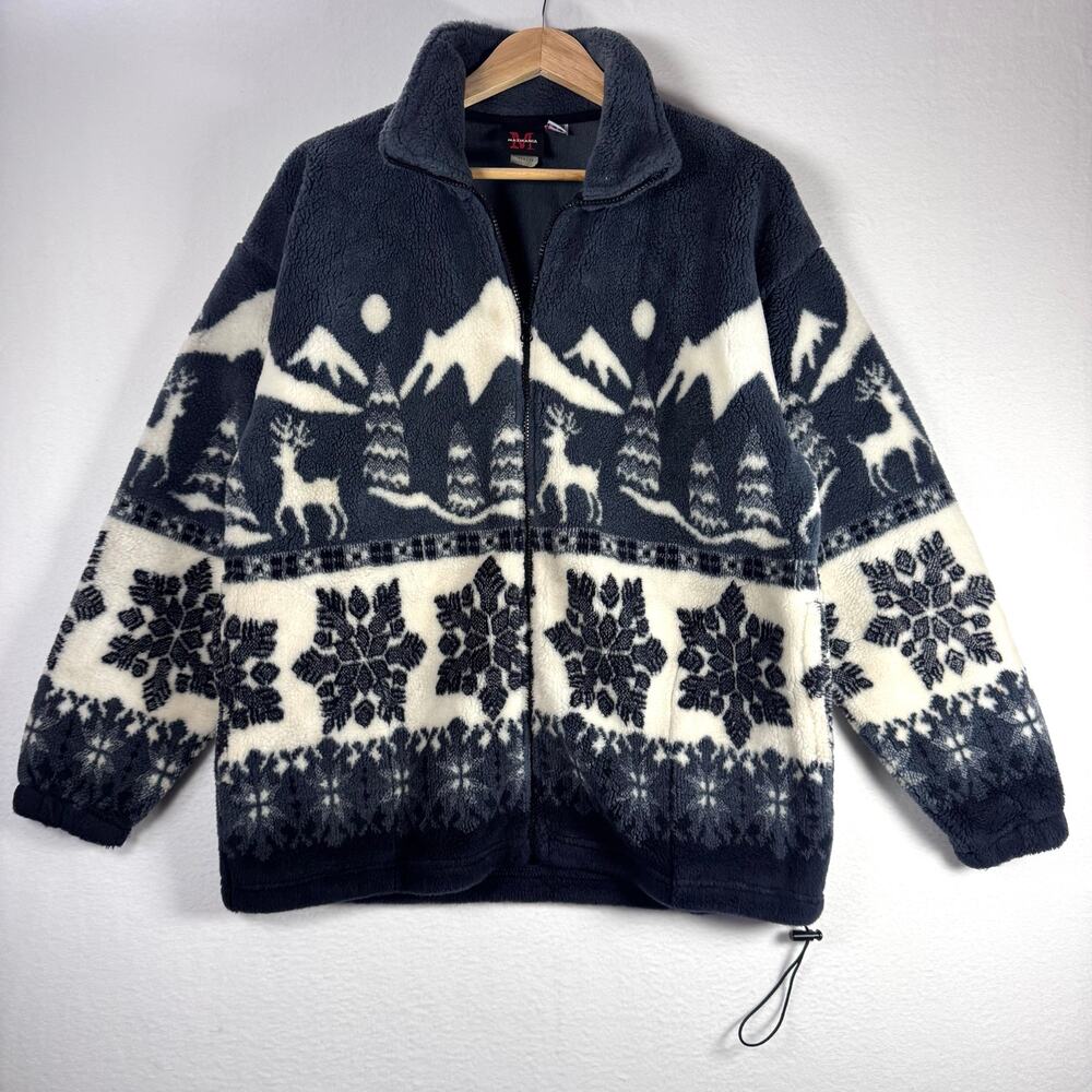 Y2K Mazmania Fleece Jacket Adult Medium Full Zip Winter Snowflake Deer Mountains